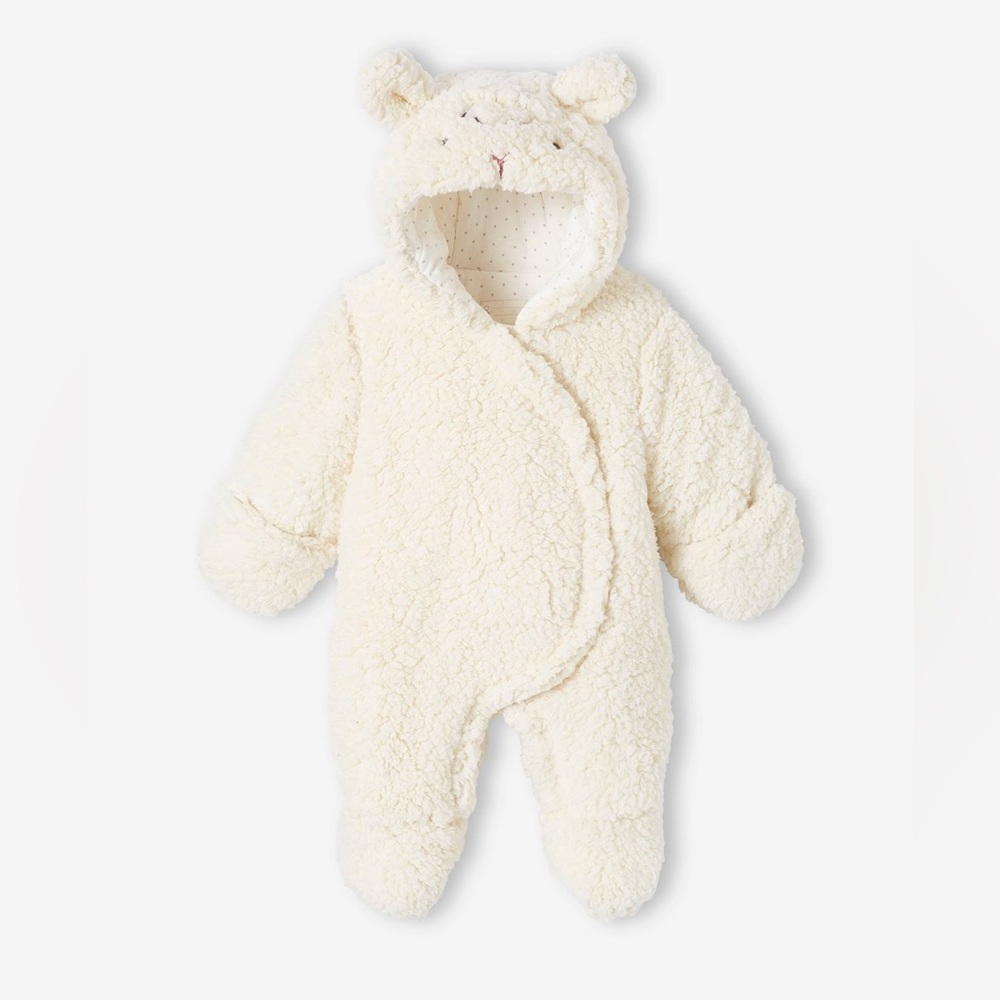 Vertbaudet - Faux Fluffy Fur "Sheep" Pramsuit for Babies - ecru